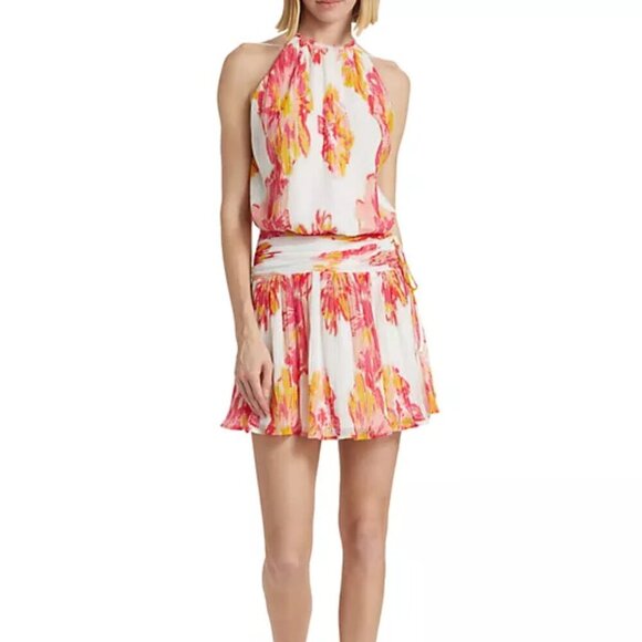 Ramy BrookOllie Floral Plissé Minidress in Pink Punch Floral. Sz: L